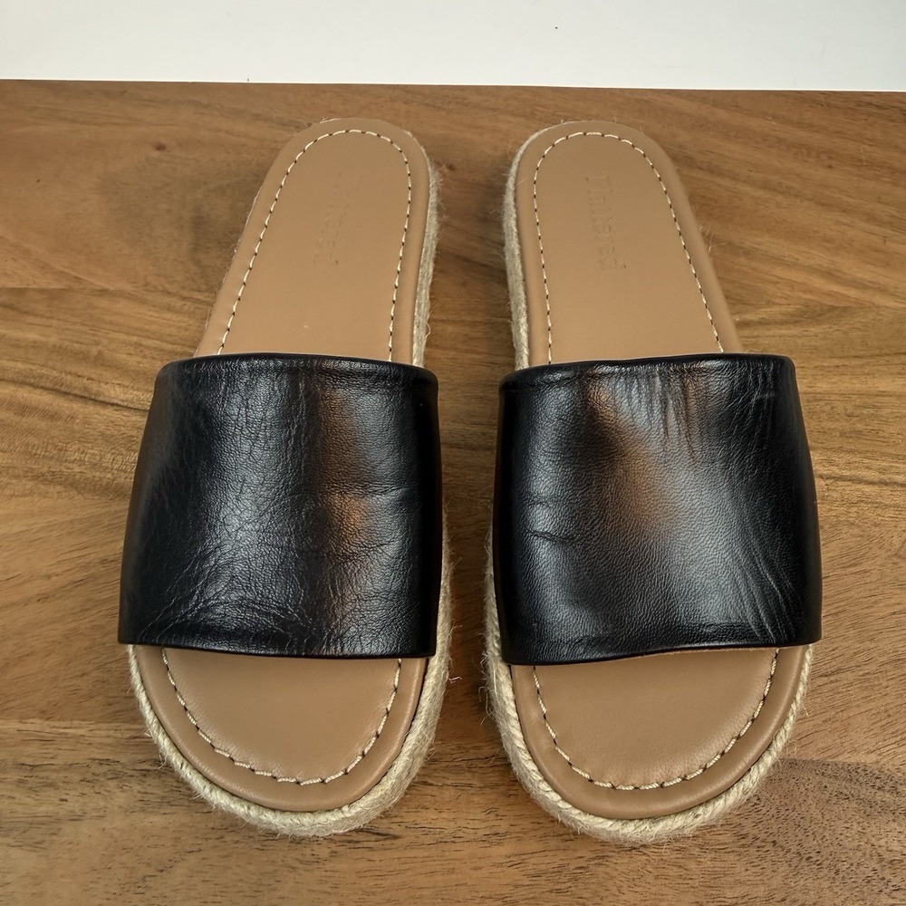 New Women's Flattered Espadrille Black Leather Slides Sandals‎ Shoe Size 36 / 6